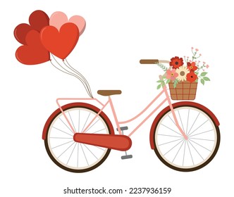 Spring romantic bike with heart shaped balloons and crate with flowers. Isolated on white background. Vector illustration. Valentines Day retro bicycle