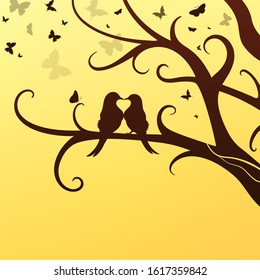 spring romantic birds sit on a tree on a background of a flock of butterflies