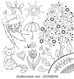 Spring romantic collection. Outline without color fill. 