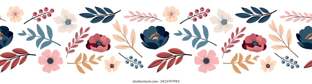 Spring romantic flowers, leaves, and berries seamless border pattern. Isolated on white background. Colorful garden flowers. Design for banner