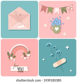 Spring romantic greeting cards with flowers, envelope and rainbow in flat style. Vector stock illustration