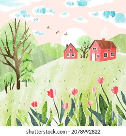 Spring romantic hand drawn vector illustration with houses, hills and flowers in green and pink colors. Cute design for print, pillow, cover, postcard, poster