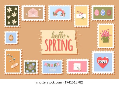 Spring romantic postage stamps with flowers and cute easter elements. Vector stock illustration