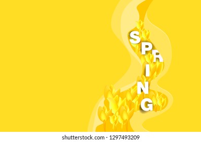 Spring romantic vector background in bright yellow color with crocus flowers and paper cut border in cartoon style for greeting card design, poster or flyer happy mothers day 