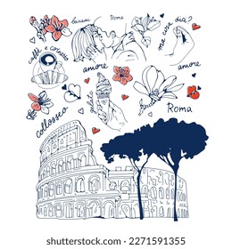 Spring in Rome. Romantic set of Rome related graphics