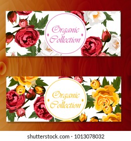 Spring rose blooming flowers, lilac petals and branches vector set. rose banners on wooden background