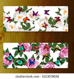 Spring rose blooming flowers, lilac petals and branches vector set. syringa and rose banners on wooden background