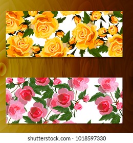 Spring rose blooming flowers, lilac petals and branches vector set. rose banners on wooden background