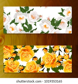 Spring rose blooming flowers, lilac petals and branches vector set. rose banners on wooden background