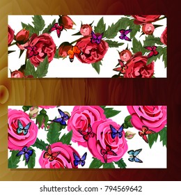 Spring rose blooming flowers, lilac petals and branches vector set. syringa and rose banners on wooden background