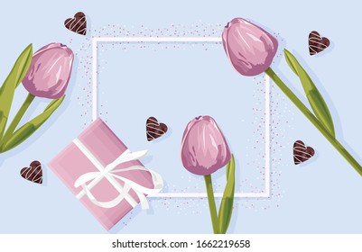 Spring rose gift box with rose tulip flowers. Hearts decorations