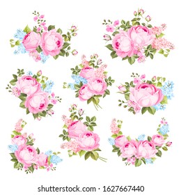 Spring rose and lilac flowers bouquet of color bud garland. Label with rose and lilac flowers. Hand drawn nature painting. Floral design elements. Vector illustration.