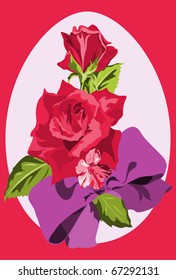 Spring roses and azalea with purple bow on an egg shaped background