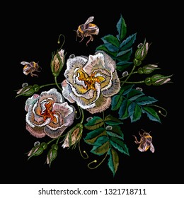 Spring roses and bumble bee embroidery. Fashion template, design of clothes, t-shirt design, tapestry flowers renaissance style 