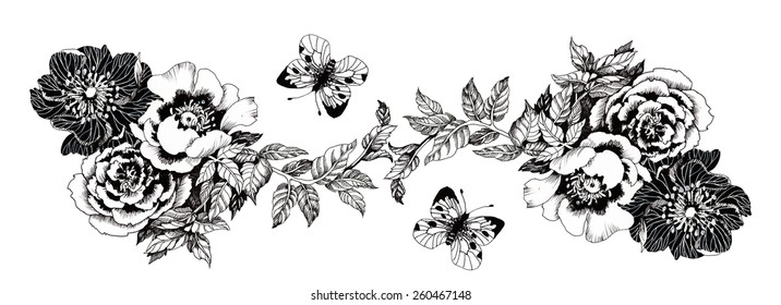 Spring roses and butterflies pattern on white background vector illustration