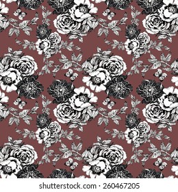Spring roses and butterflies seamless pattern on brown background vector illustration