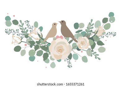 Rosas de primavera y ramas de eucalipto ramo de pájaros lindos. Diseño vectorial aislado en blanco.