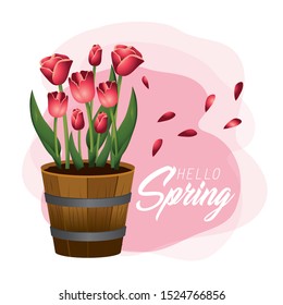 spring roses plants with leaves inside flowerpot vector illustration
