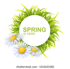 Spring Round Banner With Green 3d Photo Realistic Grass And Flowers. Spring Is Here Vector Illustration