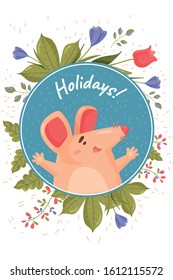 A spring round card on a blue background with a happy little pink mouse and big pink ears. Vector of a cartoon rodent