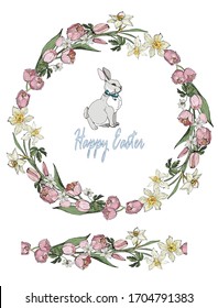  spring round flower frame, arcissus Tulip, anemone and Easter Bunny isolated on white background, brush of flowers
