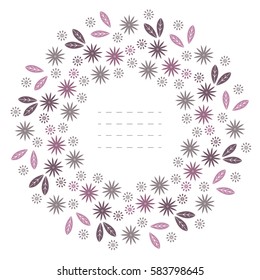 Spring round frame with leaves and flowers isolated on white background. Cute  frame can be used for greeting cards, covers, invitations and more designs.