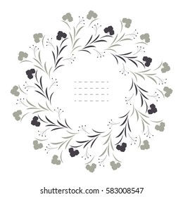 Spring round frame with plants, flowers and berries isolated on white background. Vector image.