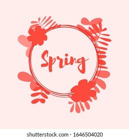 Spring round frame with red flowers flat illustration isolated on pink background. Happy spring Day, Woman day, invitation, posters, brochure, voucher, discount vector template.