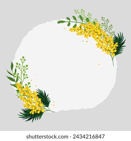 Spring round gray frame with yellow tulips and mimosa for words and text. Vector background template with flowers for design, greeting card, banner, board, flyer, sale, poster