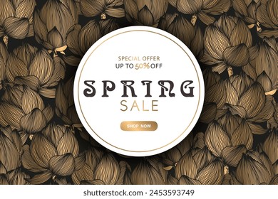 Plantilla de Anuncio de Vector de venta redonda de primavera con patrón de flores de loto dibujado a mano abstracto de oro aislado sobre fondo negro. Ilustración para publicidad, promoción, invitación, tarjeta