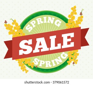 Spring rounded button and yellow orchid's branches behind red ribbon with sale text.