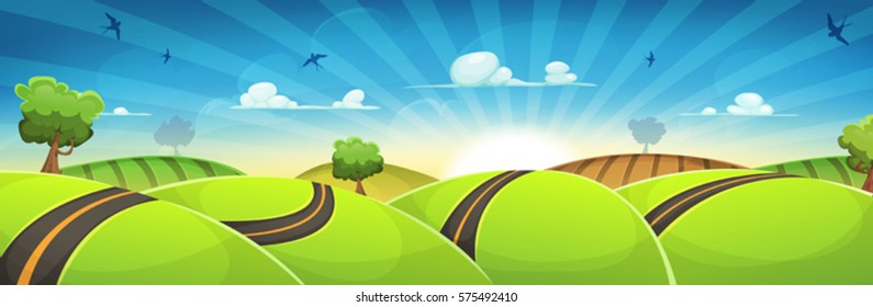 Spring Rounded Landscape With Road And Rising Sun/
Illustration of a cartoon spring and nature wide scene, with road traveling inside green hills landscape in the sunrise