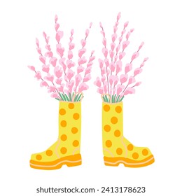 Spring rubber boots with flowers isolated in flat cartoon design. Beautiful pink blooming tree branches in cute yellow waterproof shoe. Springtime romantic bouquet. Vector illustration isolated