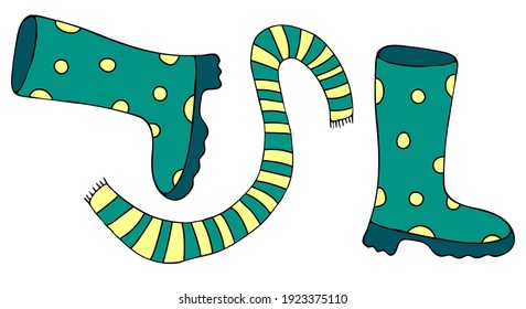 spring rubber boots and striped scarf in yellow and green, vector doodle element, children illustration, spring set