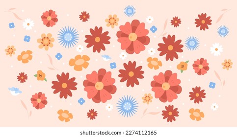 Spring rural floral arrangement flat color vector illustration. Wild flowers blossom. Springtime bloom. Pattern image. Fully editable 2D simple cartoon ornament with light orange background