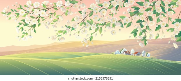 Paisaje rural primaveral con una rama de un árbol frutal florido en primer plano, y pueblo, en la cima de una colina. Ilustración vectorial.