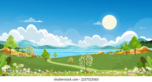 Spring Rural landscape by the lake with Green Field Meadow on Hills, Clouds and Blue Sky,Vector Cartoon horizon Nature Sunny day Summertime,Panoramic Countryside bye river with Mountain,flower