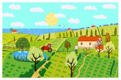 Spring Rural Landscape Farm House, Green Fields, Hills, Blooming Trees. Countryside Panoramic Nature, Barn, Tractor, Farmer. Flowers. Vector Doodle Illustration Poster Banner