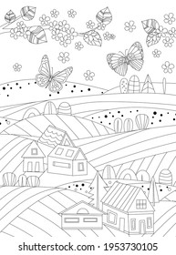 paisaje rural primaveral con campos, pequeñas casas y mariposas voladoras para tu libro de colorido