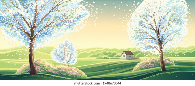 Paisaje rural primaveral con árboles frutales florecientes y una casa solitaria en el fondo 