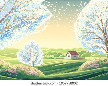 Spring rural landscape with flowering fruit trees and a lonely house in the background 