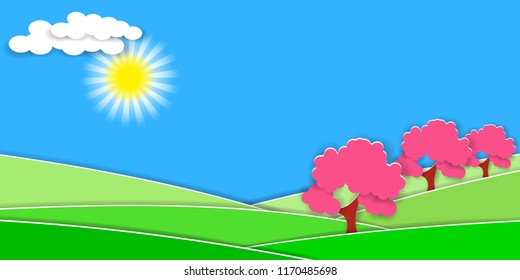 Spring rural landscape with green hills and fruit trees. 3D paper cut style for countryside design. Vector EPS10