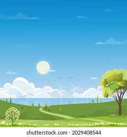 Spring rural landscape, green meadow on hills with cloud and blue sky, Vector cartoon Summer landscape, Scenery beautiful natural Countryside landscape by the rake with grass fields and wild flowers 