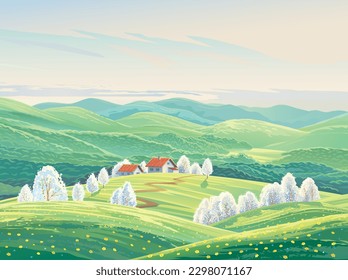 Spring rural landscape with hills and flowering fruit trees and also with a village in the background.