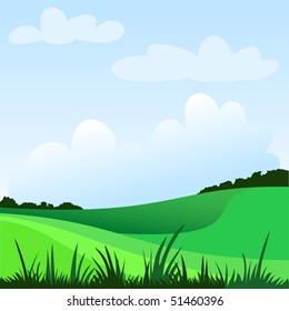 Spring rural landscape with hills, vector