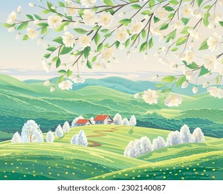 Paisaje rural de primavera con colinas y casas de pueblo, con árboles frutales floridos en primer plano. Ilustración vectorial.