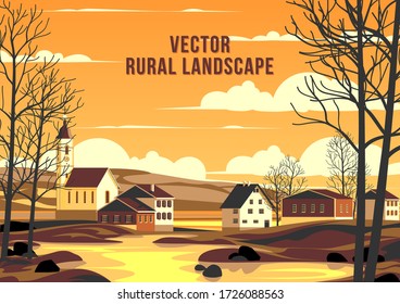 Spring rural landscape with stream, trees, village, fields, meadows and hills in the background. Handmade drawing vector illustration. Retro style poster.