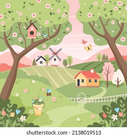 Spring rural landscape with trees, fields, houses and windmill. Easter background, countryside landscape. Vector illustration in flat style