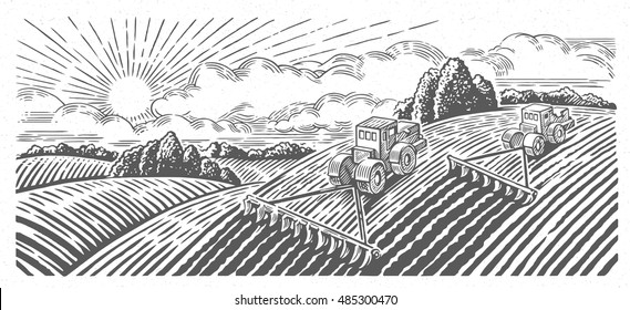 Spring Rural Landscape With Two Tractors In A Graphic Style, Hand-drawn Vector Illustration.