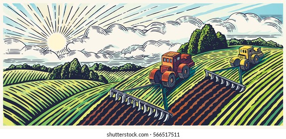 Spring rural landscape with two tractors in a graphic style, hand-drawn vector illustration.